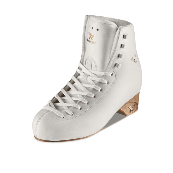 Risport Antares figure skating boot in white with wooden heel and laces, front and side view.