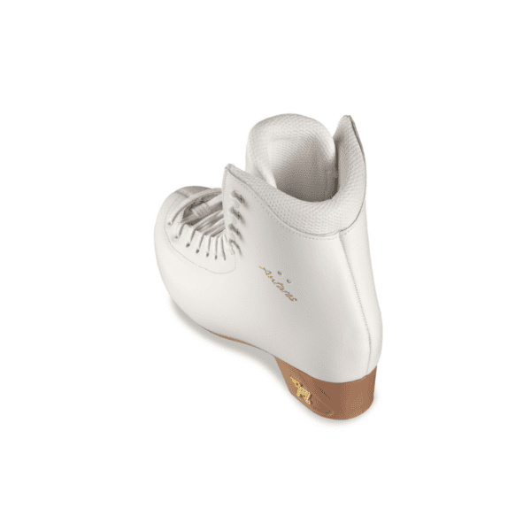 Scarpa da pattinaggio artistico Risport Antares in bianco con suola marrone e logo dorato, vista laterale.