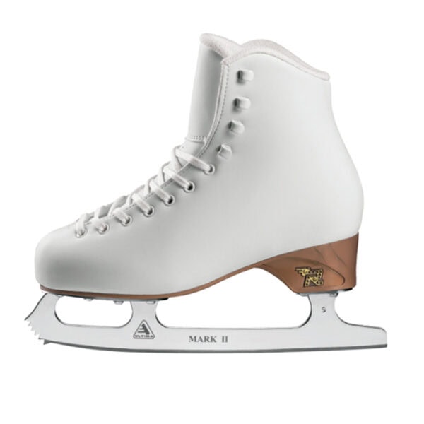 Scarpa da pattinaggio artistico Risport Venus con gambale bianco e lama in acciaio, su suola in cuoio, vista laterale.