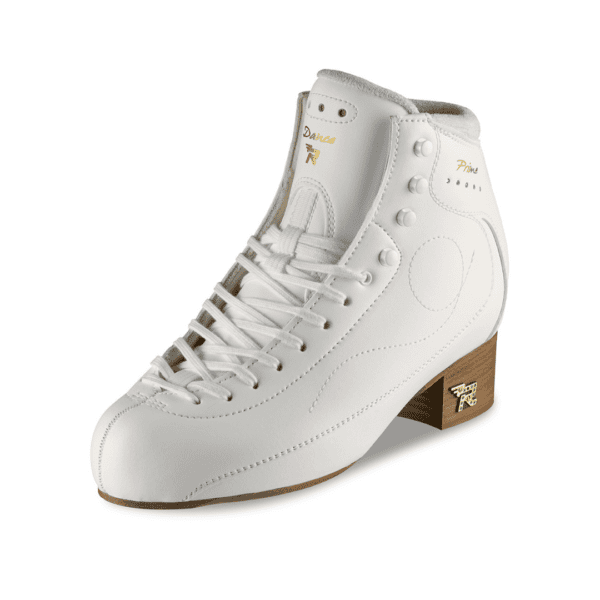 Risport Dance Prime figure skating boot with high ankle support and wooden heel, white leather, detailed stitching, and laces.