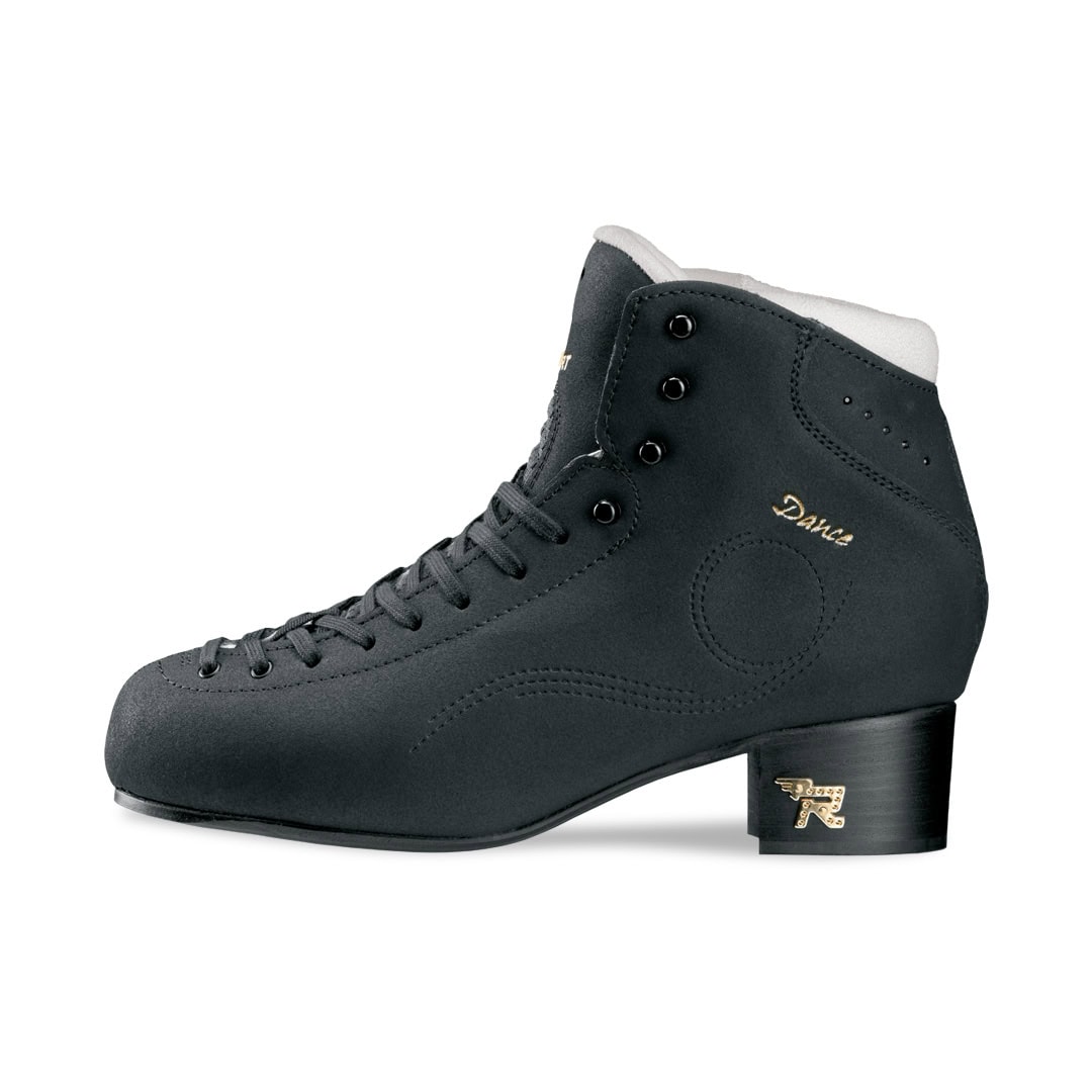 Scarpa da pattinaggio artistico Risport Dance Prime con tacco alto e design nero, visibile dettaglio del marchio e della tomaia in pelle.