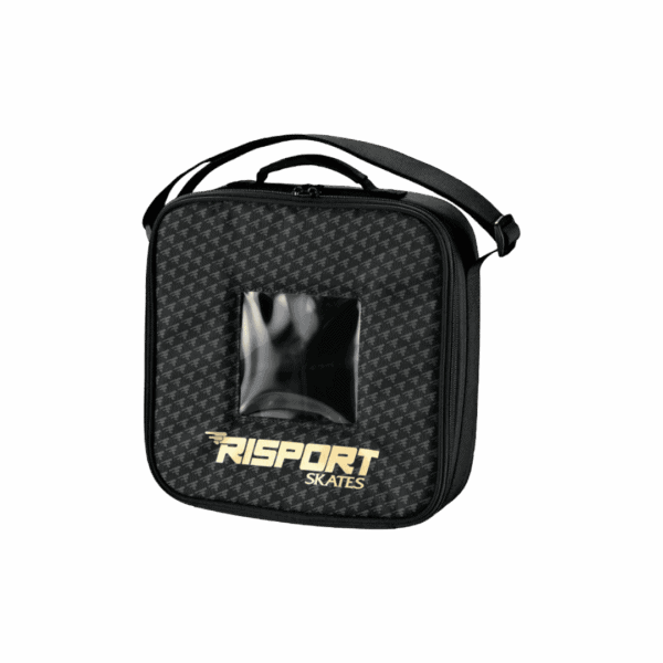 Borsa porta ruote Risport nera e oro con scomparti organizzati.