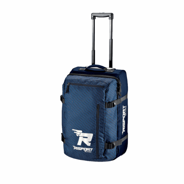 Risportの青いキャリーバッグ、折りたたみハンドルと収納ポケット付きのスケートバッグ。.